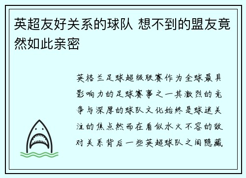 英超友好关系的球队 想不到的盟友竟然如此亲密