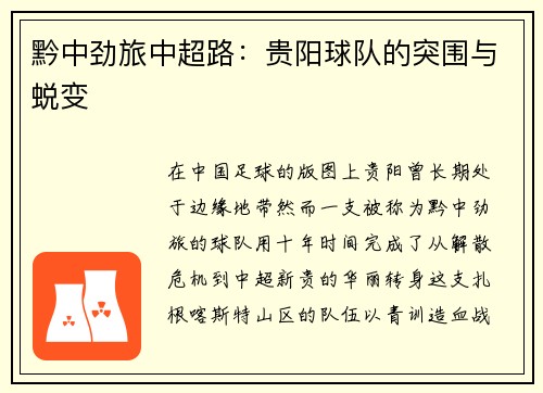 黔中劲旅中超路：贵阳球队的突围与蜕变