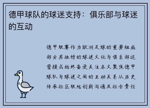 德甲球队的球迷支持：俱乐部与球迷的互动